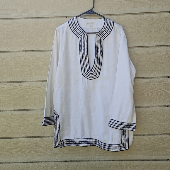 Banana Republic white linen tunic with blue accent embroidery size large - Picture 1 of 9